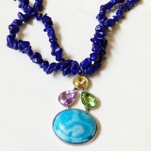 NOVADAB HAND CRAFTED COBALT BLUE NUGGET CRYSTAL PENDANT TWO STRAND NECKLACE 18"L